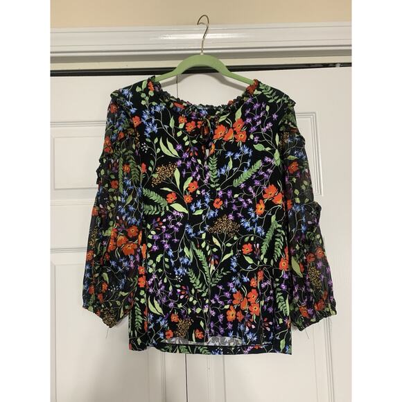 Anthropologie Maeve Jacquin Peasant Blouse Sz M Floral Boho Semi Sheer Sleeves - Picture 2 of 7